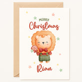 Christmas card with a lion illustration and 'Merry Christmas Rian' text.
